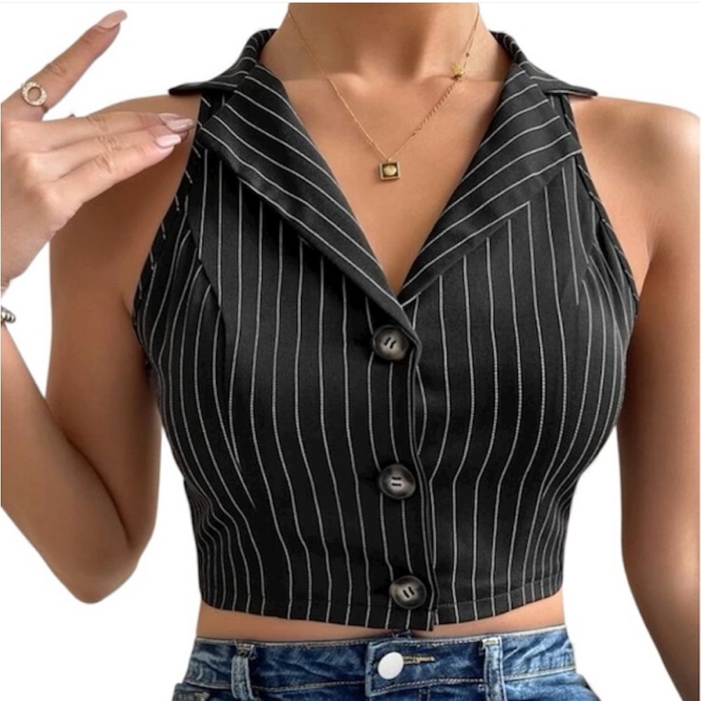 Black & White Pinstripe Collared Button Up Cropped Tank Top Size XS